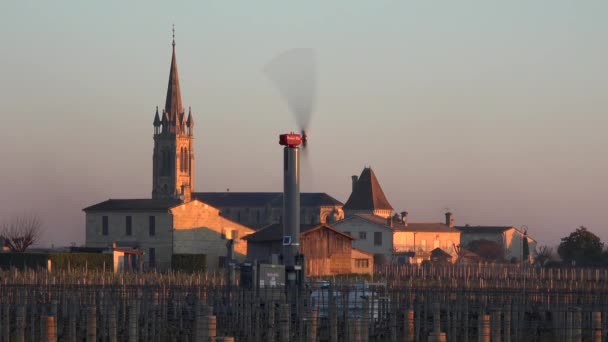 FRANCIA, 03-20-2021, GIRONDE, POMEROL, WIND TURBINES ARE USED AS AIR STIRRRERS IN VINEYARD DURING SUB-ZERO TEMPERATURES OF MARS 2021, BORDEAUX VINEYARD — Video Stock