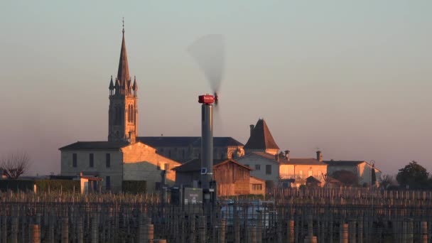 FRANKRIJK, 03-20-2021, GIRONDE, POMEROL, WIND TURBINES worden gebruikt als luchtheffers in VINEYARD DURING SUB-ZERO TEMPERATURES VAN MARS 2021, BORDEAUX VINEYARD — Stockvideo