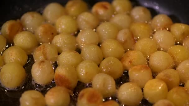 Frying hazelnut potatoes in a pan — Stockvideo