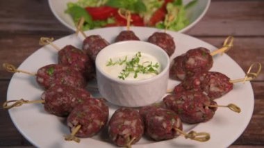 Recipe of kefta, beef skewer, Traditional homemade, with Greek yoghurt sauce, garlic, savory, Arabic and Libanese food, High quality photo