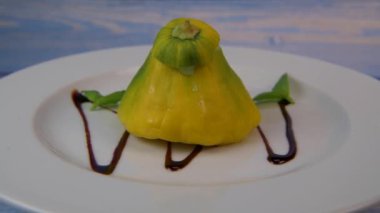 Recipe for mini patissons stuffed with mozarella, basil, tomato and balsamic vinegar on turntable, High quality photo