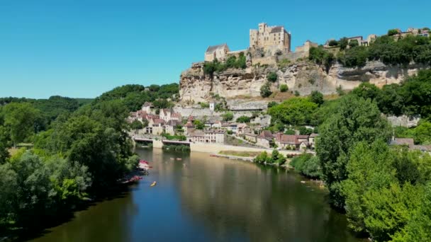 Aerial View Beynac Castle Canoes River Dordogne Perigord France High — 图库视频影像