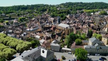Aerial view of Sarlat la caneda town, in Perigord, Dordogne, France, High quality video
