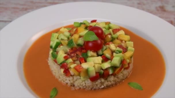 Vegan Salad Recipe Based Bulgur Small Vegetables Avocado Tomato Cucumber — Stockvideo
