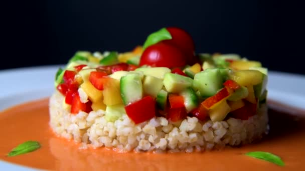 Vegan Salad Recipe Based Bulgur Small Vegetables Avocado Tomato Cucumber — Stok Video