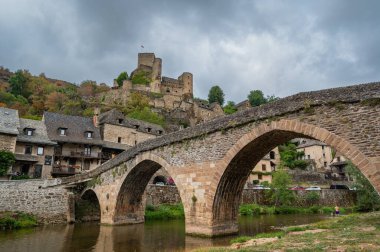 Belcastel medieval castle and town in the south of France, Aveyron Occitania, view of the antique medieval stone buildings, High quality photo