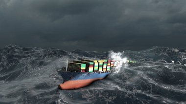 Fırtınalı okyanusta konteynırları olan büyük bir kargo gemisi fırtınalı deniz dalgaları üzerinde sallanan bir uzay gemisi., 