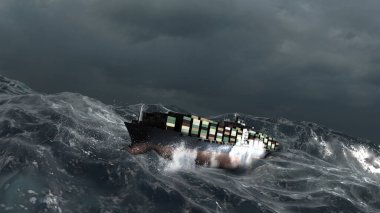 Fırtınalı okyanusta konteynırları olan büyük bir kargo gemisi fırtınalı deniz dalgaları üzerinde sallanan bir uzay gemisi., 