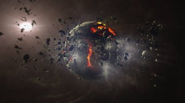 Meteor göktaşları çarptıktan sonra yok olan yıldızın sıcak lav magmasına ve asteroidlere sahip ölü bir gezegen.