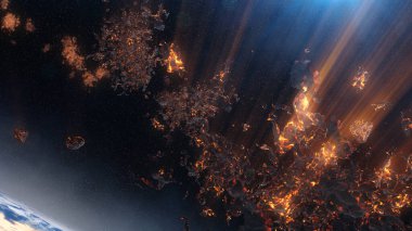 Dünya atmosferinde yanan göktaşları sinematik uzay manzaralı hızlı yanan meteorlar.,