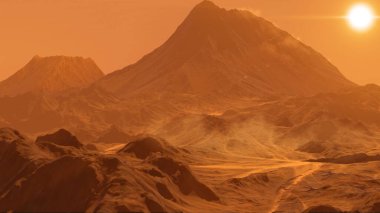 Mars gezegeni, dağları ve kum fırtınaları Mars kızıl gezegeni üzerinde uçan havadan görüntüler, uzay keşfi konsepti.
