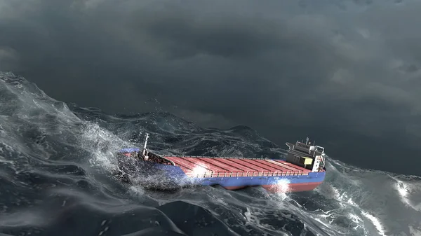 Büyük Fırtınalı Okyanusta Bomboş Bir Kargo Gemisi Fırtınalı Deniz Dalgalarında — Stok fotoğraf