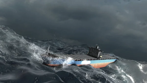 Büyük Fırtınalı Okyanusta Bomboş Bir Kargo Gemisi Fırtınalı Deniz Dalgalarında — Stok fotoğraf