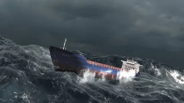 大的货轮在暴风雨的大海中 航行的船在暴风雨的海浪中摆动 汹涌的大海在雨和雷雨中颠簸 — 图库照片