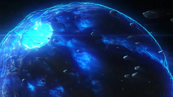 Destroyed Hollow Planet Deep Space Asteroids Sun Flaresvista Cinematográfica Estrella — Foto de Stock