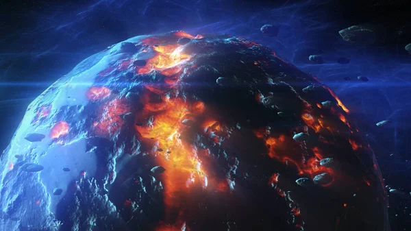 Zerstörter Hohler Planet Weltall Mit Asteroiden Und Sonneneruptionen Filmaufnahme Des — Stockfoto