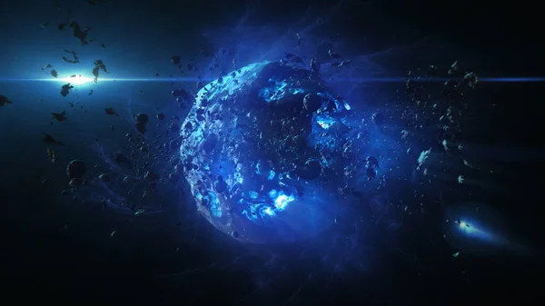Meteor göktaşlarının çarpması sonucu yok edilen yıldızın asteroit ve güneş ışınlarıyla yok edilen boş gezegen.