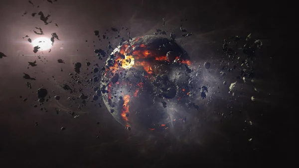 Meteor göktaşları çarptıktan sonra yok olan yıldızın sıcak lav magmasına ve asteroidlere sahip ölü bir gezegen.
