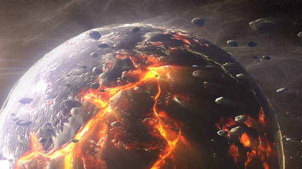 Meteor göktaşları çarptıktan sonra yok olan yıldızın sıcak lav magmasına ve asteroidlere sahip ölü bir gezegen.