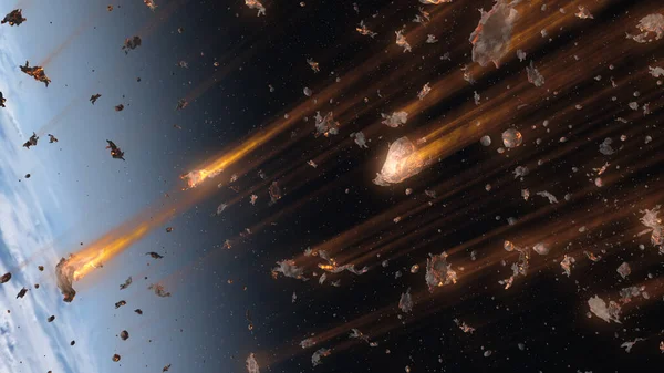 Meteor shower, Aseroids burning in earth atmosphereCinematic outer space view of massive asteroids chunks bombarding Earth