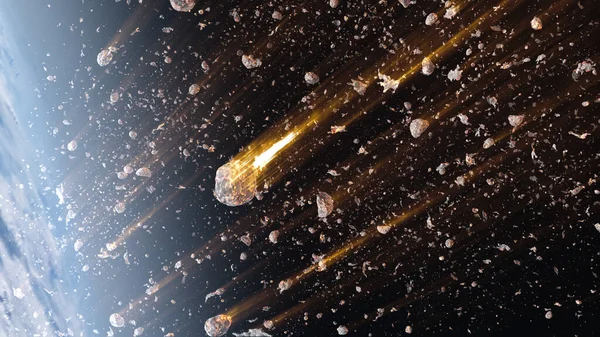 Deszcz Meteorytów Aseroidy Palące Się Atmosferze Ziemskiejcinematic Outer Space View — Zdjęcie stockowe