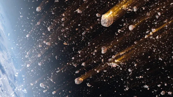 Meteor yağmuru, Dünya atmosferinde yanan göktaşları, Dünya 'yı bombalayan devasa asteroitlerin sinematik dış uzay görüntüsü.