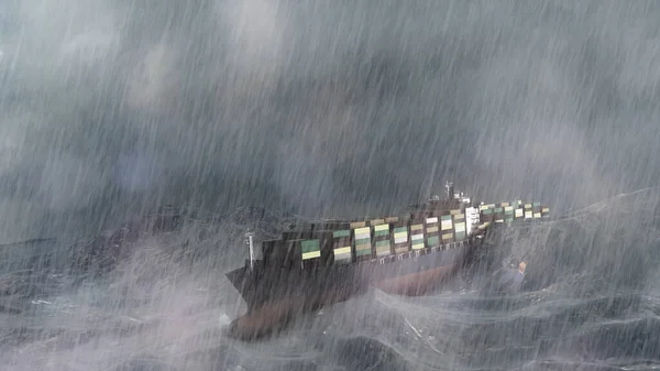 大货船 集装箱在暴风雨的海洋中 航空母舰在暴风雨的海浪中颠簸 汹涌的大海伴随着暴雨和雷雨 — 图库照片