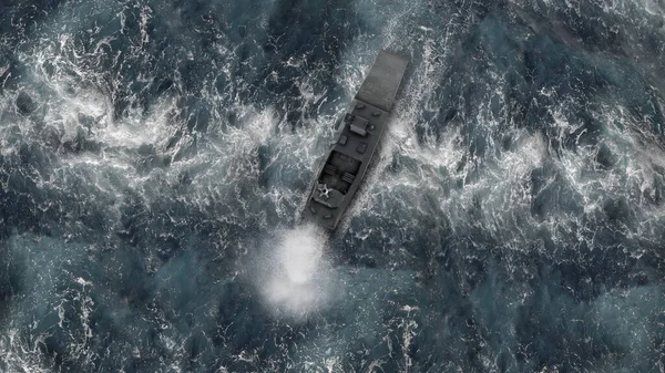 海军舰船在汹涌大海中的空中俯瞰海军舰船 军舰的空中景观 具有抗灾能力并配备了武器系统 — 图库照片