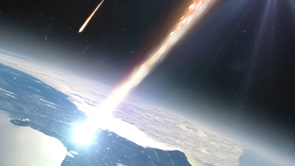 Dünya atmosferinde yanan göktaşları sinematik uzay manzaralı hızlı yanan meteorlar.,
