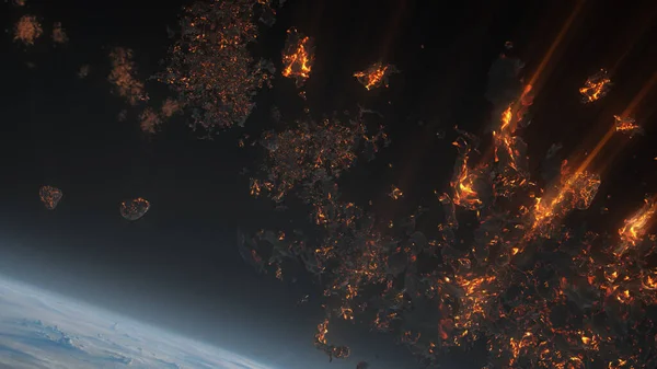 Asteroidy Meteoryty Spalanie Atmosferzecinematic Przestrzeni Kosmicznej Widok Szybkich Płonących Meteorytów — Zdjęcie stockowe