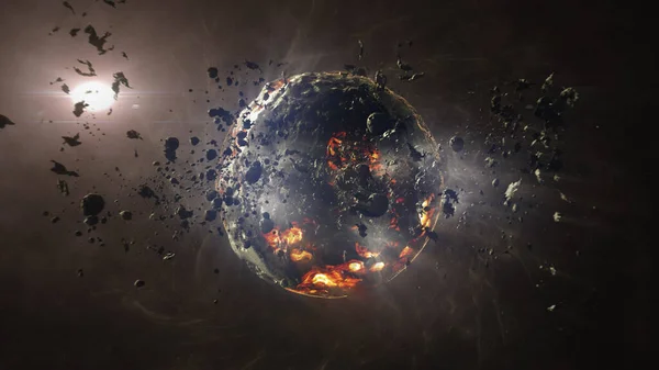 有炽热熔岩岩浆和小行星的死亡行星流星撞击后被摧毁的死亡恒星的电影学观点 图库图片