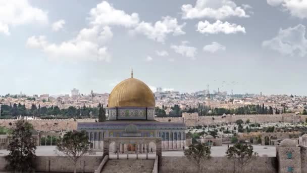 具有耶路撒冷景观的岩石圆顶 从耶路撒冷古城俯瞰的空中风景 2021年圣殿山清真寺入口 — 图库视频影像