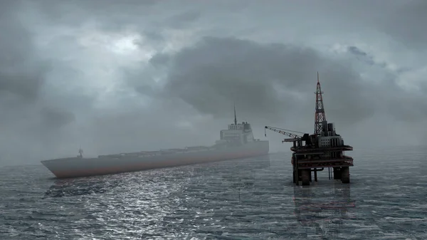 タンカーガス船 3Dアニメーションと石油リグプラットフォーム嵐の天候でオフショア石油 ガス業界 — ストック写真