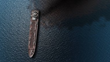 Oil spills out of a ship to Sea- Aerial high altitude View Drone view of Chemical Tanker ship spills oil in the ocean, global pollution concept,December 2021