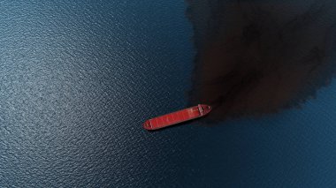 Tanker gemisinden denize petrol sızar. Tanker gemisinin hava aracı görüntüsü denize petrol döker.