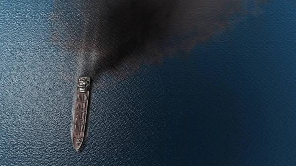 Oil Spills Out Ship Sea Aerial High Altitude View Drone — Stockfoto