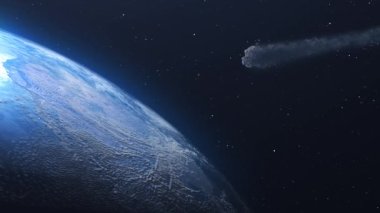 Dünya Sinematik uzay görüşüne yaklaşan Büyük Kuyruklu Yıldız Asteroidi, Küresel Tehlike Concpet, 3D görüntüleme