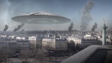 Uzaylı UFO ana gemisi yok edildi Paris 'in üzerinde devasa uzay gemisi. Fransa üzerinde uçan jetlerle, uzaylı istilası konseptiyle.