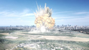 3D görüntüleme, şehrin havadan görüşlü insansız hava aracı üzerinde büyük taktik nükleer patlama Tel Aviv şehri üzerinde atom bombası patlaması, 3D çizim