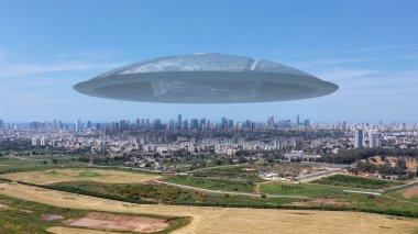 3D görüntüleme, Massive UFO uçan daire büyük şehir üzerinde süzülüyor. Havacılık İHA görüntüsü Tel Aviv şehrinde uzaylı uzay gemisi, uzaylı istilası konsepti, 3D illüstrasyon