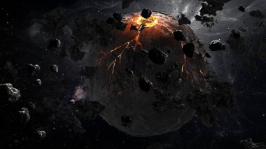 3D rendering of deep space with dying star, lava and asteroids surrounding, 3d illustration