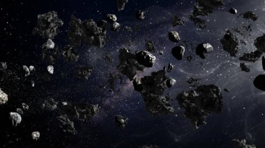3D rendering of deep space with massive asteroid field flying ,Large Asteroid Rocks Flying in space, Milky way Meteors rotating in deep space3d illustration