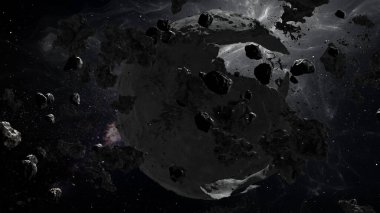 3D rendering of deep space with Dead Hollow planet and asteroids surrounding3d illustration
