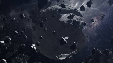 3D rendering of deep space with Dead Hollow planet and asteroids surrounding3d illustration