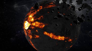 3D illüstrasyon etrafında lav ve asteroidler bulunan, ölen yıldızlı 3D derin uzayın görüntülenmesi