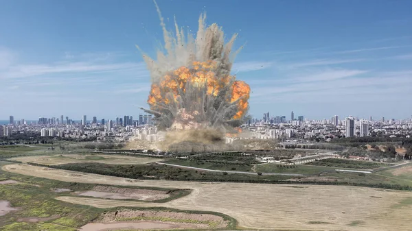 3D görüntüleme, şehrin havadan görüşlü insansız hava aracı üzerinde büyük taktik nükleer patlama Tel Aviv şehri üzerinde atom bombası patlaması, 3D çizim
