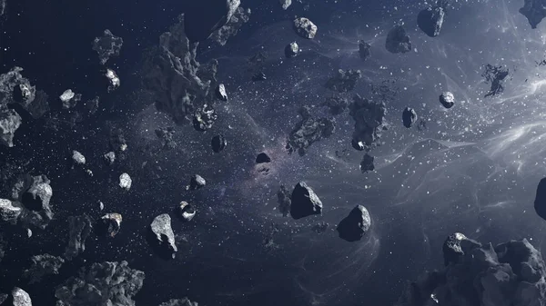 Derin uzayın 3D görüntüsü, devasa asteroit alanı uçuşuyor, Büyük Asteroit Kayaları uzayda uçuyor, Samanyolu Meteorları derin uzay 3D çizimlerinde dönüyor.