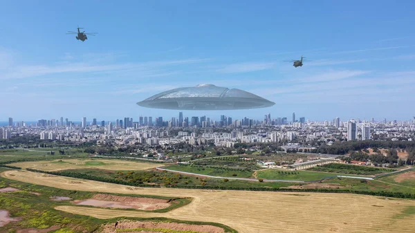 Rendering Massive Ufo Flying Saucer Hovering Large City Aerial Viewdrone Rechtenvrije Stockafbeeldingen