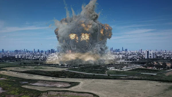 3D渲染 大规模战术核爆炸通过城市航景无人机俯瞰特拉维夫市上空的原子弹爆炸 3D说明 免版税图库照片