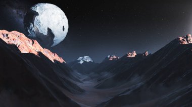 Geceleri gökyüzünde ölü bir gezegen olan yabancı bir gezegen.